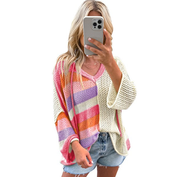 Women's Colorblock V Neck Hooded Sweater