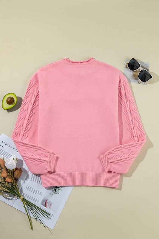 Women's Puff Sleeve Knitted Notched Neck Sweater