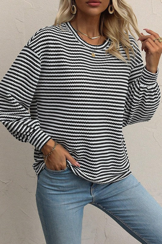 Women's Relaxed Fit Striped Drop Shoulder Long Sleeve Top