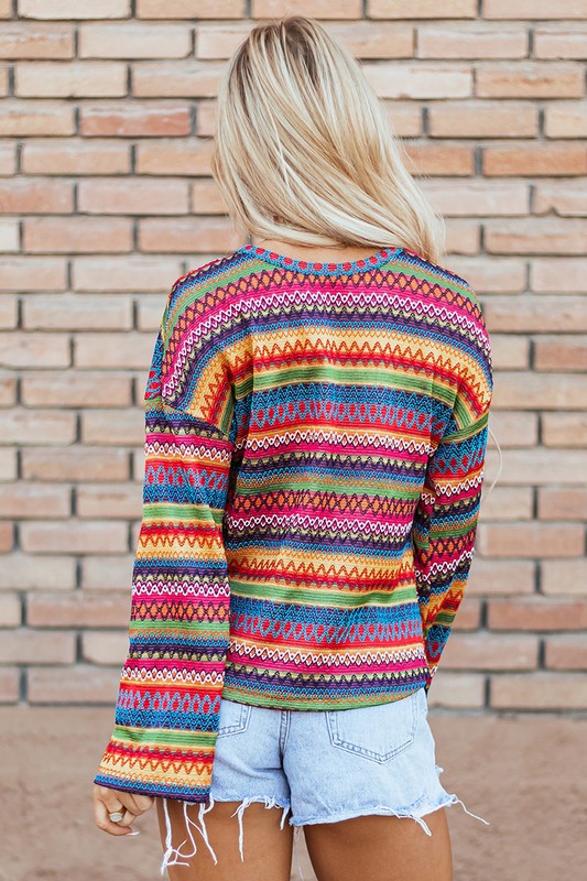 Women's Boho Chic Loose Fit Jacquard Long Sleeve T-Shirt