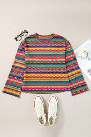 Women's Boho Chic Loose Fit Jacquard Long Sleeve T-Shirt