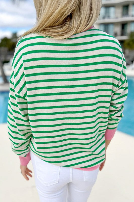 Women's Long Sleeve Striped Top with Contrast Edges