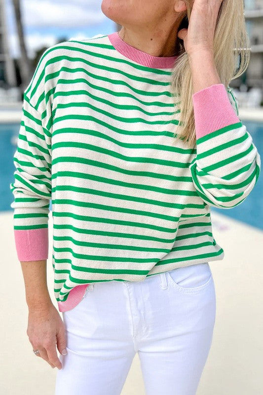 Women's Long Sleeve Striped Top with Contrast Edges