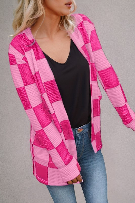 Women's Checkered Waffle Knit Open Cardigan with Thumbholes