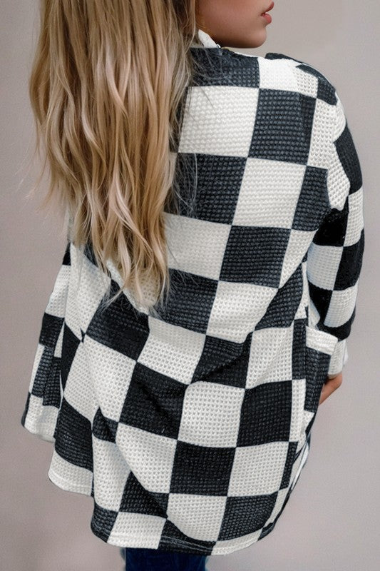 Women's Checkered Waffle Knit Open Cardigan with Thumbholes