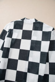 Women's Checkered Waffle Knit Open Cardigan with Thumbholes