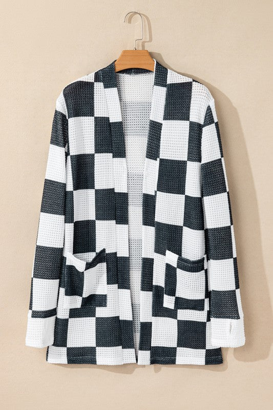 Women's Checkered Waffle Knit Open Cardigan with Thumbholes