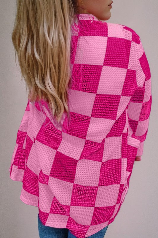 Women's Checkered Waffle Knit Open Cardigan with Thumbholes