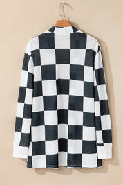 Women's Checkered Waffle Knit Open Cardigan with Thumbholes