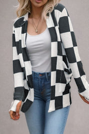 Women's Checkered Waffle Knit Open Cardigan with Thumbholes