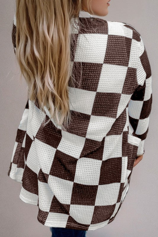 Women's Checkered Waffle Knit Open Cardigan with Thumbholes