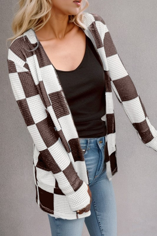 Women's Checkered Waffle Knit Open Cardigan with Thumbholes