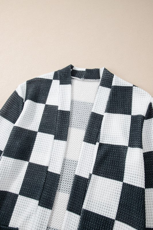 Women's Checkered Waffle Knit Open Cardigan with Thumbholes