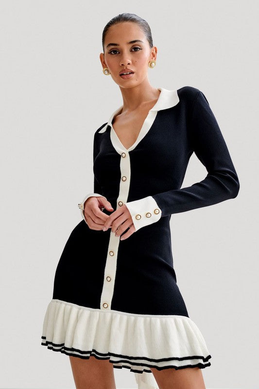 Women's V-Neck Long Sleeve Ribbed Sweater Dress