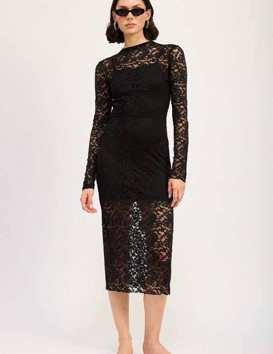 MOCK NECK MIDI LACE DRESS