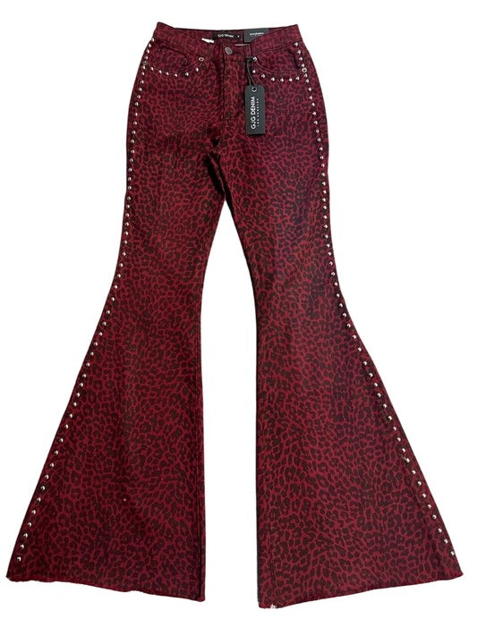 Women's Burgundy Leopard Print Studded Bell Bottom Jeans