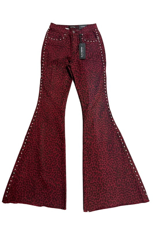 Women's Burgundy Leopard Print Studded Bell Bottom Jeans