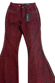 Women's Burgundy Leopard Print Studded Bell Bottom Jeans