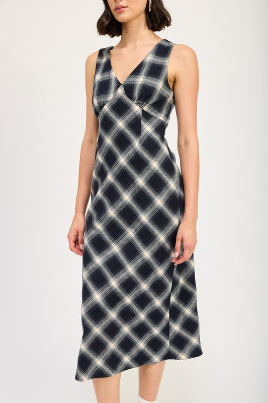 Women's Plaid Maxi Dress with Bias Cut