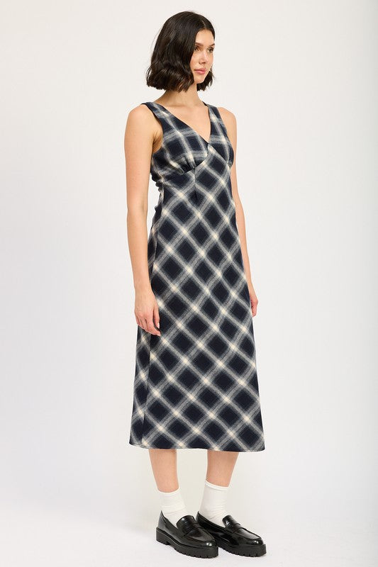 Women's Plaid Maxi Dress with Bias Cut