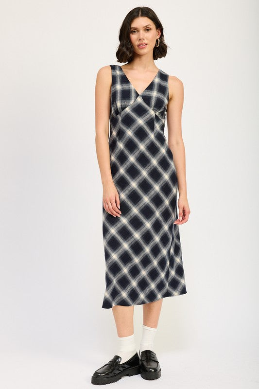 Women's Plaid Maxi Dress with Bias Cut