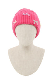 Women's Cable Knit Beanie with Mini Bow Accent