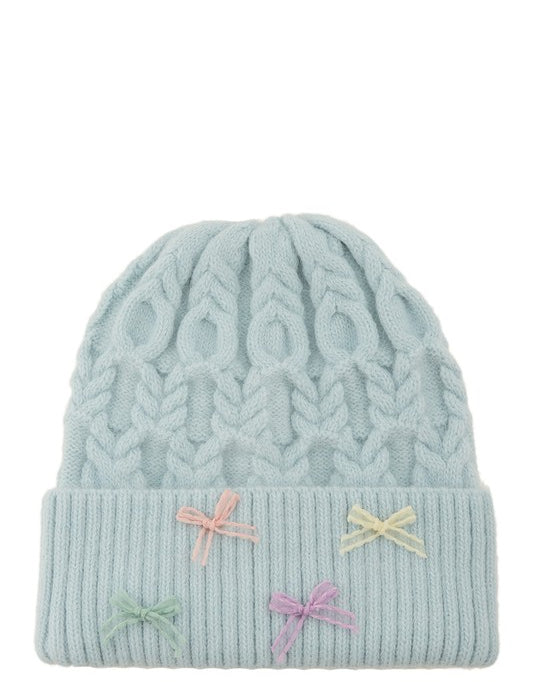 Women's Cable Knit Beanie with Mini Bow Accent