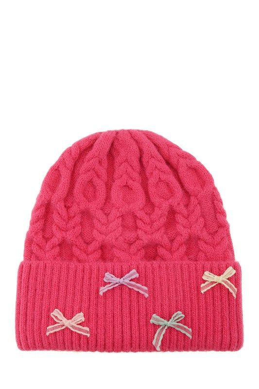 Women's Cable Knit Beanie with Mini Bow Accent