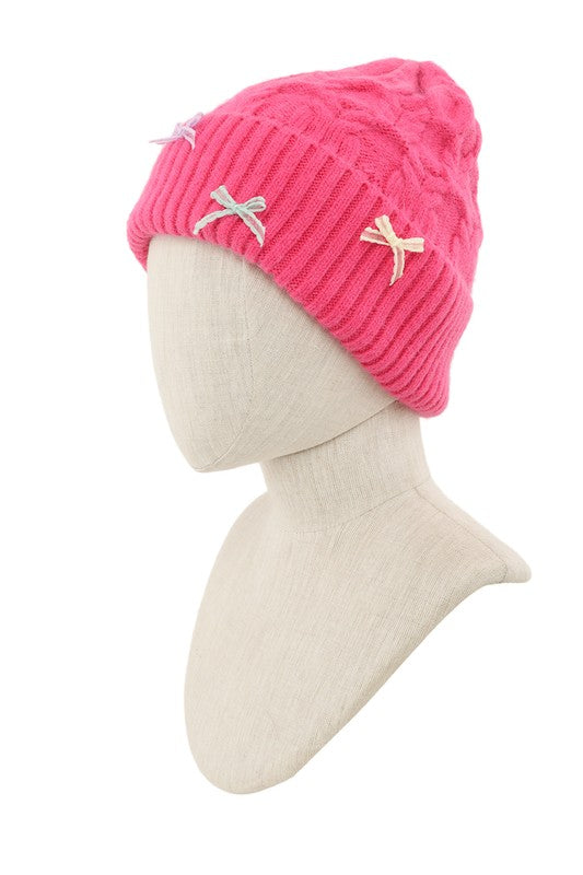 Women's Cable Knit Beanie with Mini Bow Accent