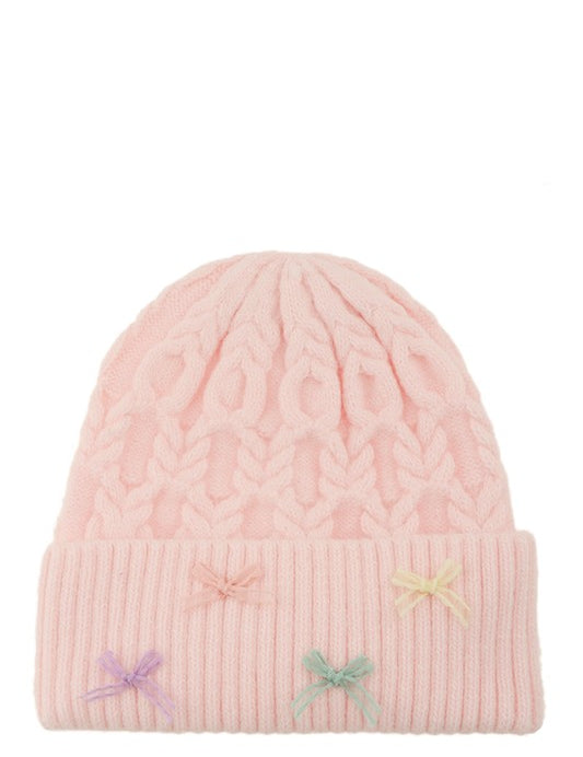 Women's Cable Knit Beanie with Mini Bow Accent