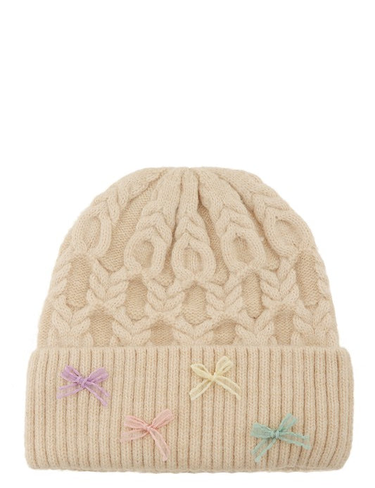 Women's Cable Knit Beanie with Mini Bow Accent