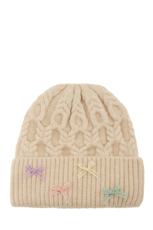 Women's Cable Knit Beanie with Mini Bow Accent