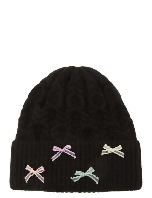 Women's Cable Knit Beanie with Mini Bow Accent