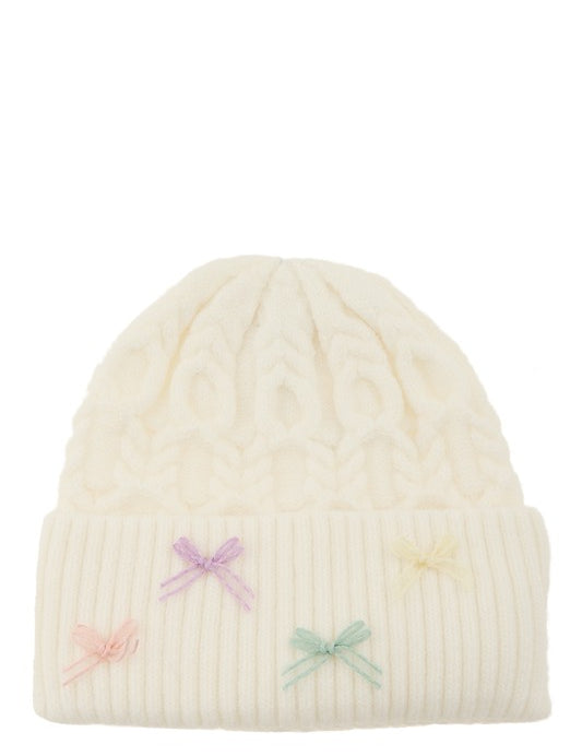 Women's Cable Knit Beanie with Mini Bow Accent