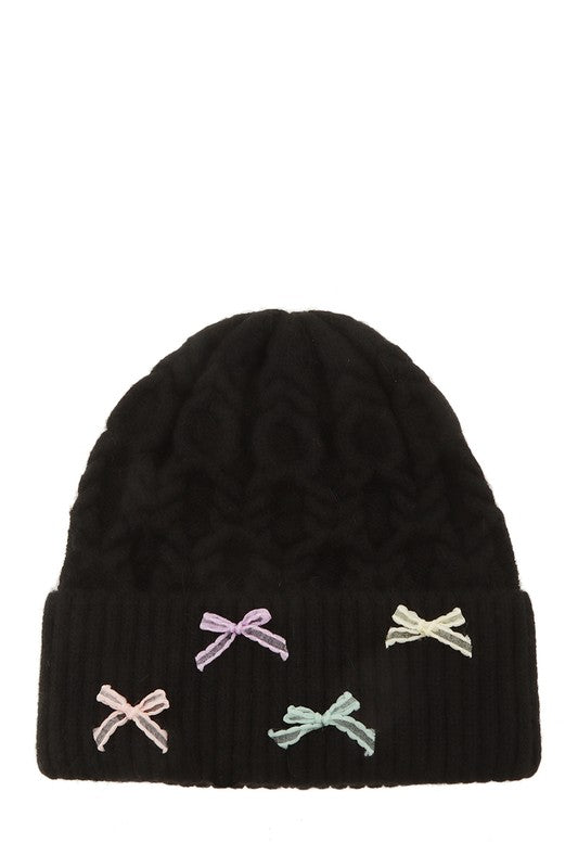 Women's Cable Knit Beanie with Mini Bow Accent