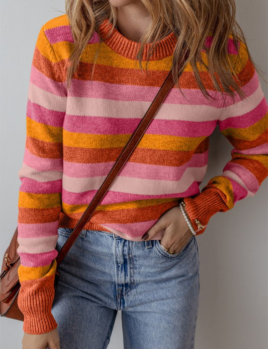 Striped Ribbed Edge Round Neck Sweater