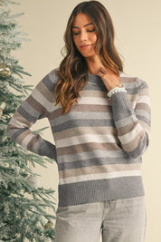 Striped Ribbed Edge Round Neck Sweater