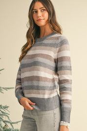 Striped Ribbed Edge Round Neck Sweater