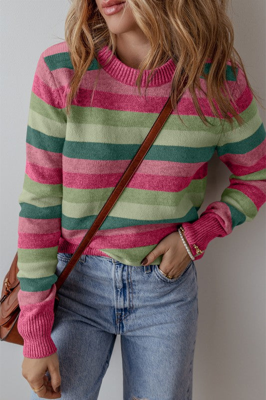 Striped Ribbed Edge Round Neck Sweater