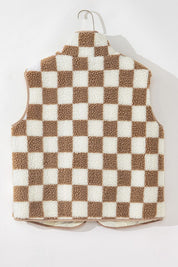 Women's Checkered Sherpa Collared Vest Jacket