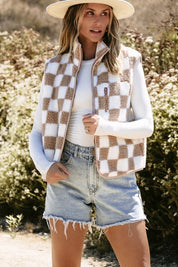 Women's Checkered Sherpa Collared Vest Jacket