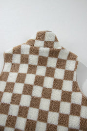 Women's Checkered Sherpa Collared Vest Jacket