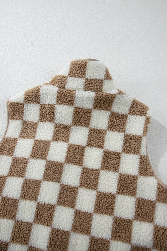 Women's Checkered Sherpa Collared Vest Jacket