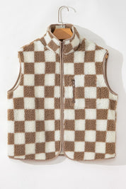 Women's Checkered Sherpa Collared Vest Jacket