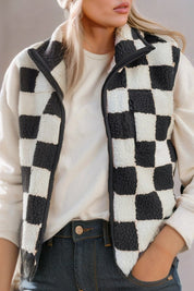 Women's Checkered Sherpa Collared Vest Jacket