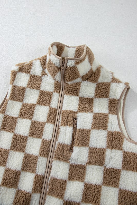 Women's Checkered Sherpa Collared Vest Jacket