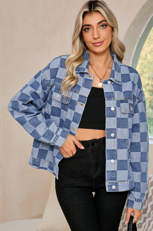 Women's Checkered Patchwork Denim Jacket