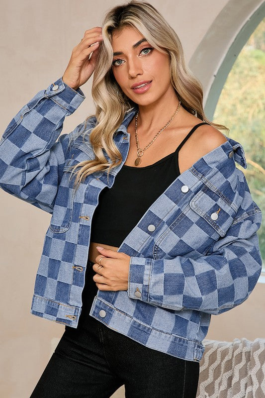 Women's Checkered Patchwork Denim Jacket