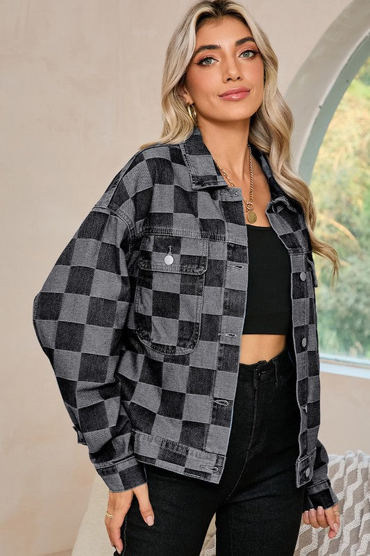 Women's Checkered Patchwork Denim Jacket