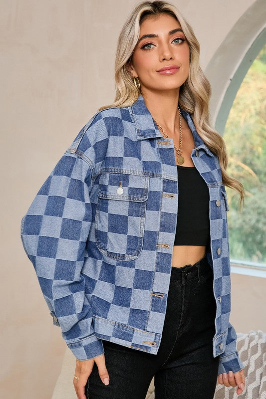 Women's Checkered Patchwork Denim Jacket